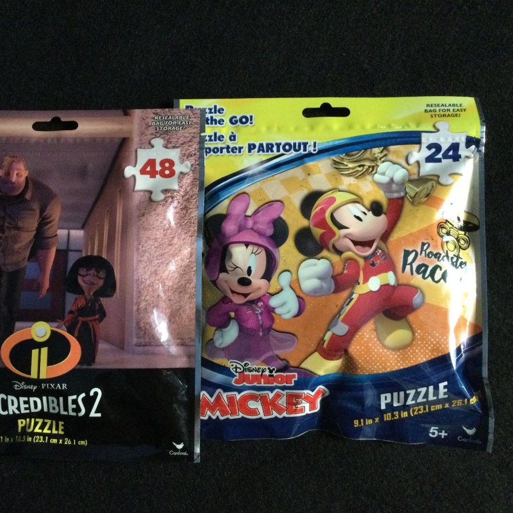 Two puzzle on the go Disney puzzles Incredibles 2 48pcs & Mickey 24pcs like new